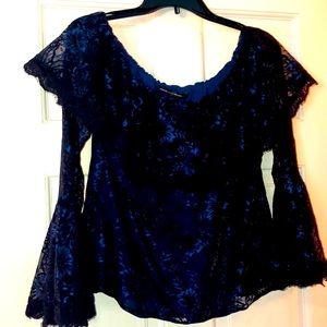 White House Black Market blue, blouse, long bell sleeve, Holiday